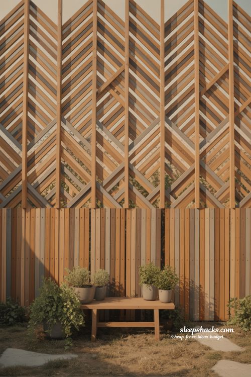 patterned wood fence design with chevron style for cheap backyard upgrade 