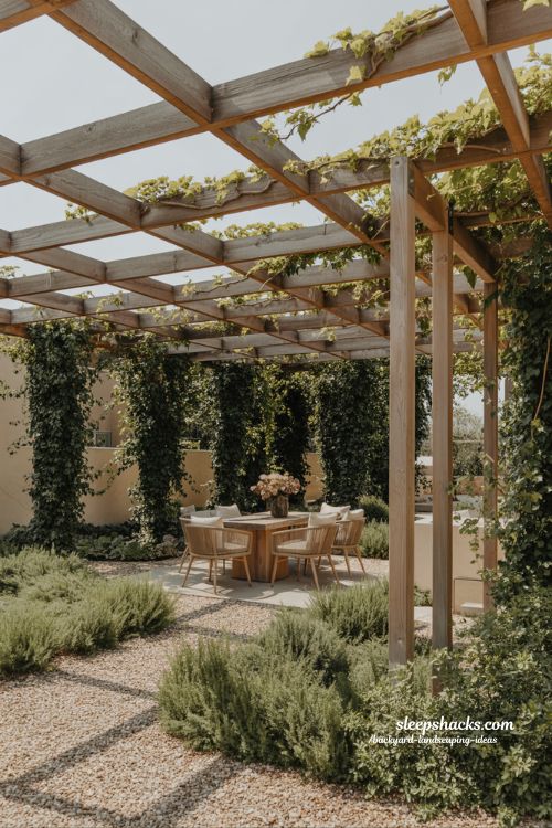 pergola backyard landscaping ideas for shade and style with climbing plants and cozy outdoor seating