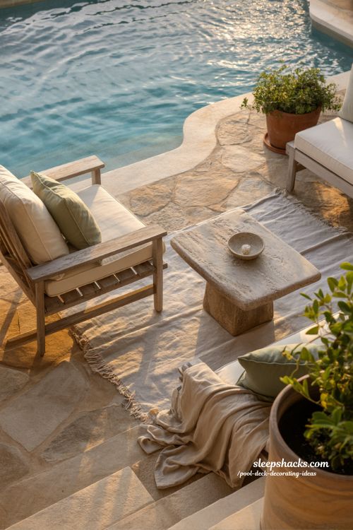 pool deck decorating ideas serene modern backyard retreat with cozy natural textures and calm summer atmosphere