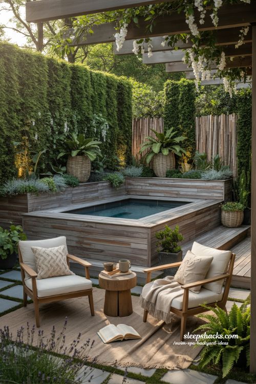 private backyard swim spa with cedar decking and dense privacy landscaping for a peaceful retreat