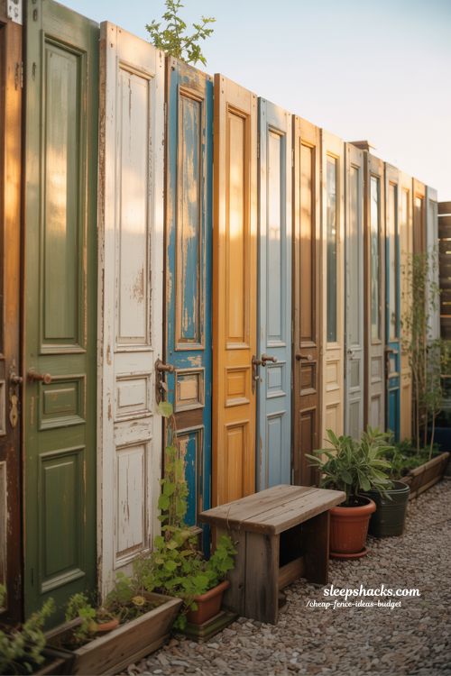 repurposed old door fence backyard idea with artistic upcycled rustic design 