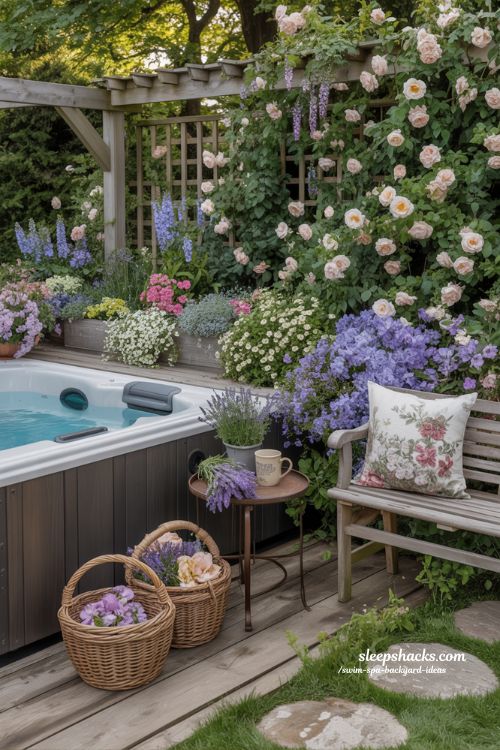 romantic cottage garden with swim spa and overflowing floral privacy screens
