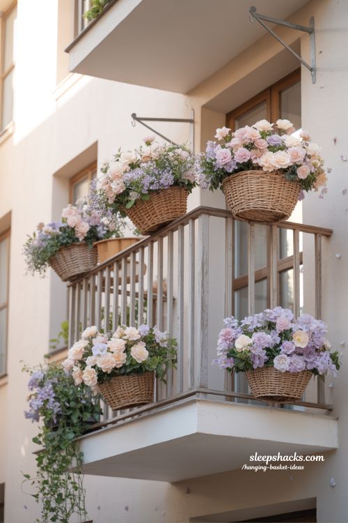 romantic pastel hanging basket ideas with soft pink and lavender flowers for calm balcony decor
