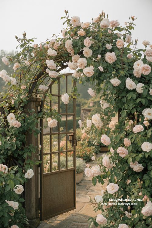 rose garden entrance gate with climbing vines for a romantic and welcoming garden transition