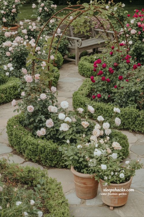 rose garden ideas with natural cottage style paths arches and layered romantic planting design