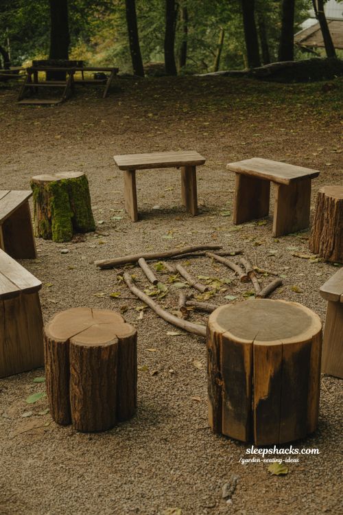 rustic log garden seating ideas with natural wood benches for forest inspired outdoor space 