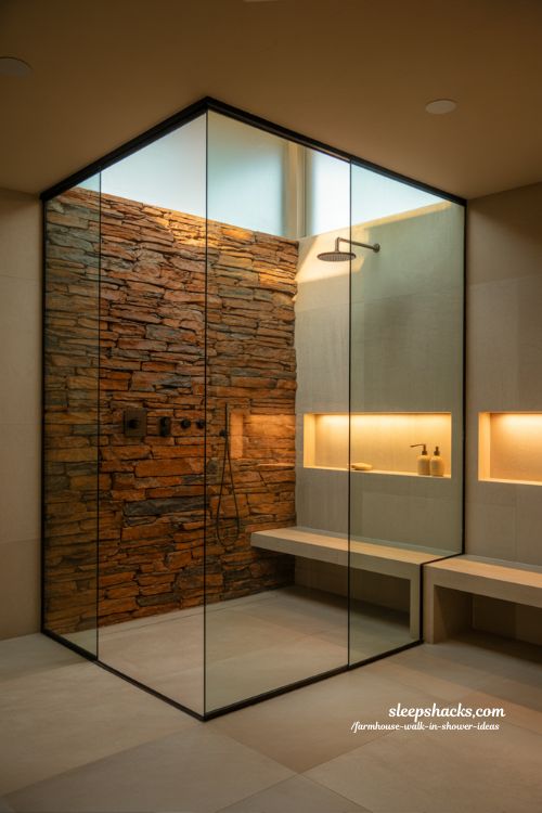 rustic stone and glass walk in shower farmhouse bathroom with stacked stone feature wall luxury lodge spa design