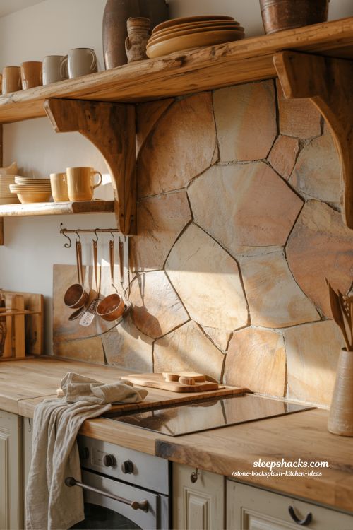 rustic stone kitchen backsplash for cozy homes with warm wood and lived-in charm design