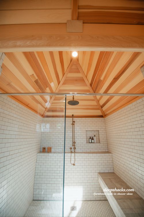 rustic walk in shower with warm wood ceiling farmhouse bathroom with cedar planks and stone tile spa design