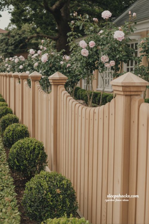 scalloped timber garden fence in heritage white with roses and formal cottage landscaping