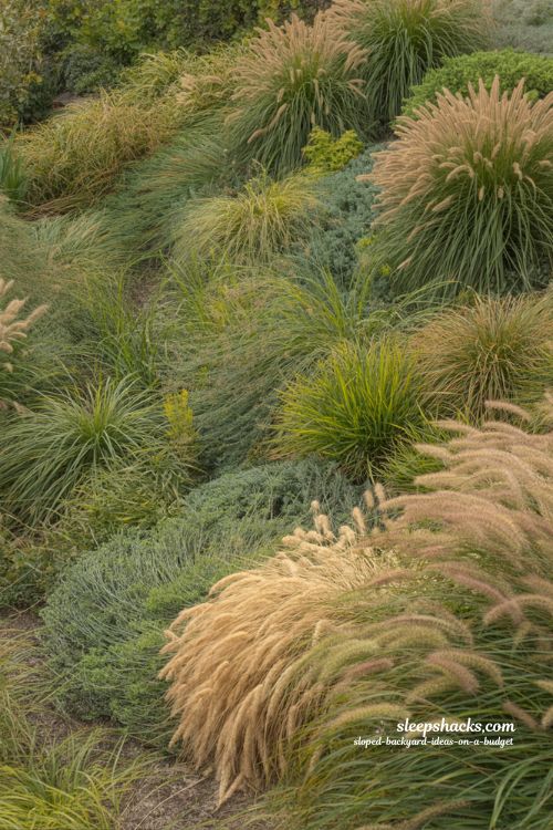 sloped backyard with ornamental grasses for erosion control and year round natural texture landscaping