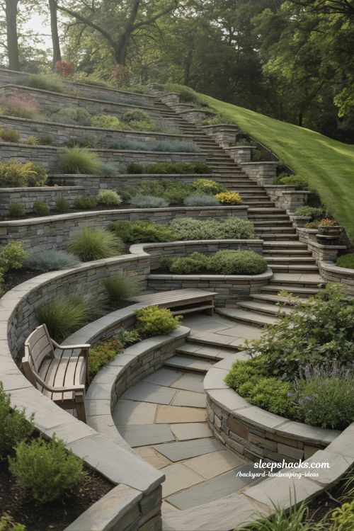 sloped yard backyard landscaping ideas with terraced levels and stone steps for layered garden design