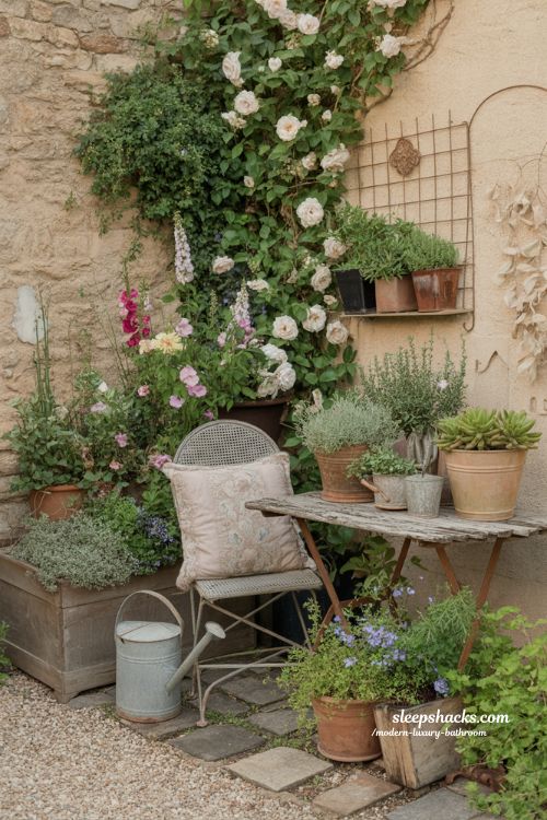 small french cottage garden with intimate seating area climbing roses and potted herbs in a cozy space