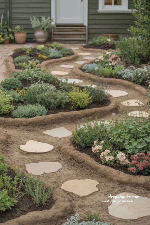 small front garden natural raised soil beds without frames organic planting simple functional design 