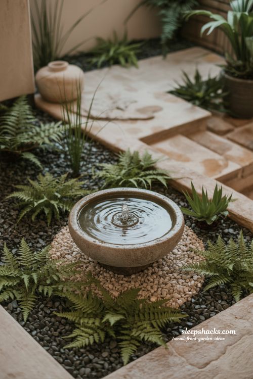 small front garden compact water feature with simple plants calm peaceful entry design idea 