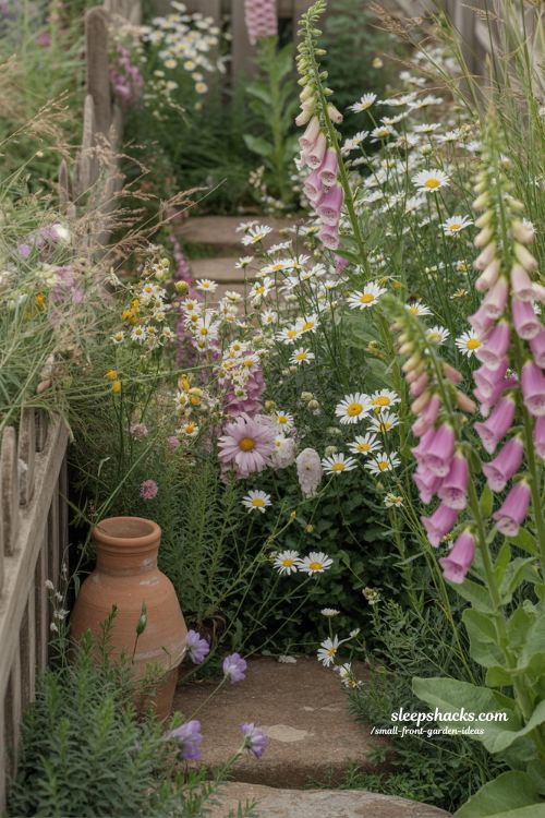 small front garden cottage style wildflower corner with daisies foxgloves and soft natural planting design 