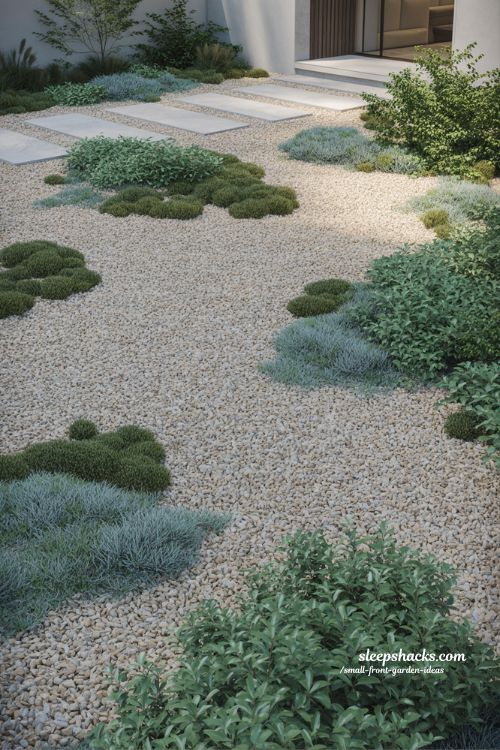 small front garden gravel and greenery mix modern clean layout with soft natural planting design 