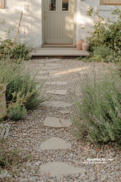 small front garden gravel path with lavender and soft green borders cozy simple entry design 