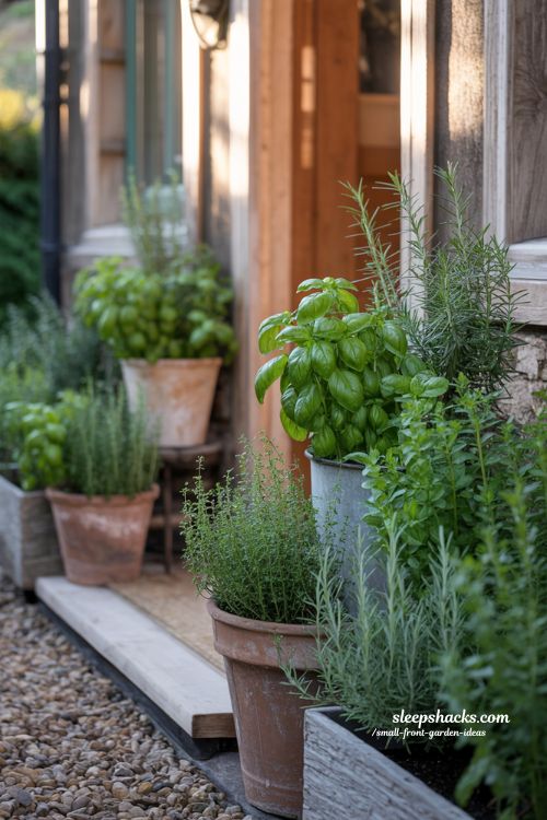 small front garden mini herb garden near entrance basil mint rosemary pots cozy functional design 