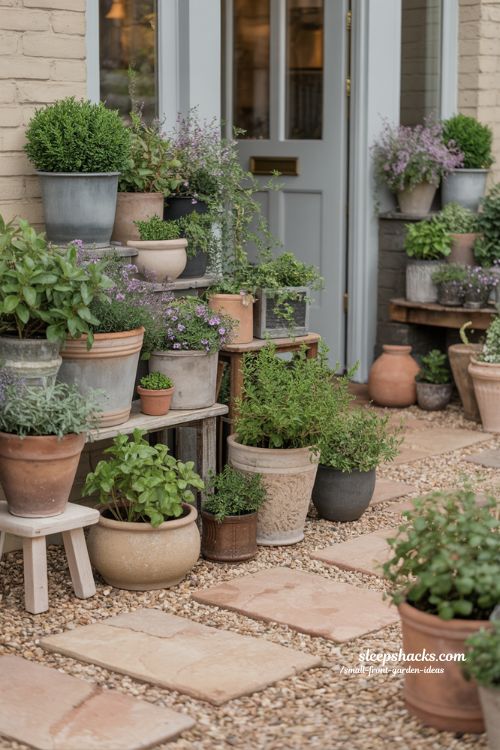 small front garden mixed pots seasonal rotation flexible container garden entry design ideas 