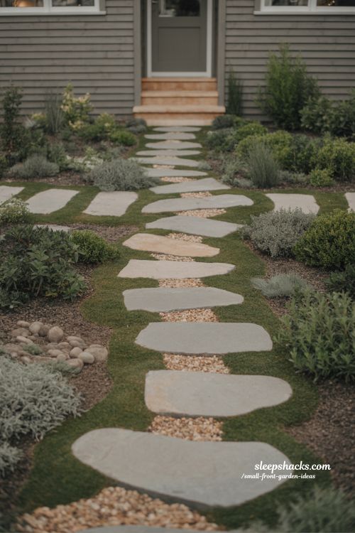 small front garden natural stone walkway design with organic stepping path and cozy landscaped entry 