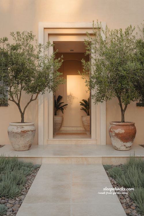 small front garden symmetrical entry with potted plants balanced doorway design cozy welcoming look 