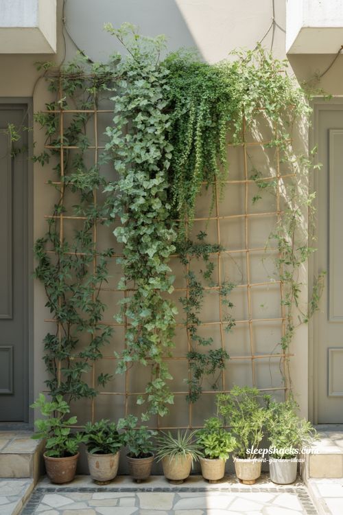 small front garden vertical green wall with climbing plants jasmine ivy compact cozy entry design 