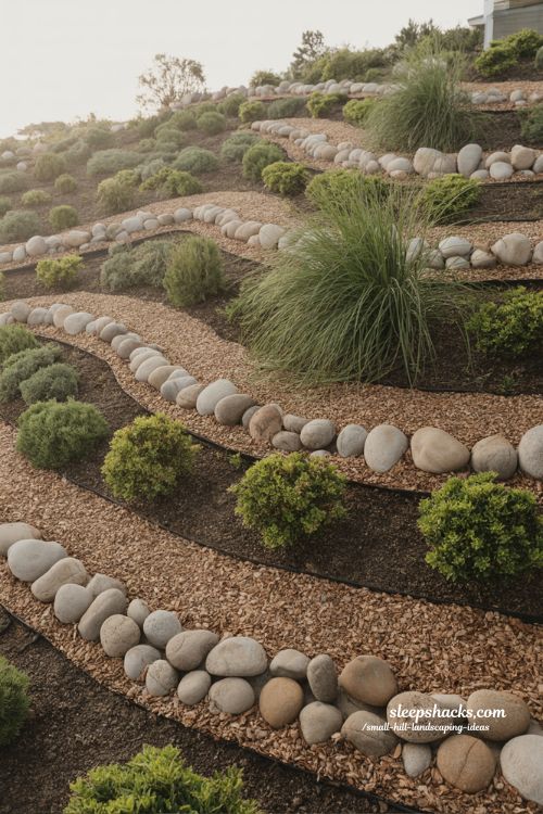 A wide-angle eye-level editorial landscape photography shot of a sloped backyard transformed into a naturalistic hillside water feature, capturing the full flow of the terrain from upper slope to lower garden in a cinematic, continuous composition that emphasizes movement, gravity, and harmony with nature. A gently cascading waterfall emerges from the upper hillside, flowing through a carefully designed rock channel and continuing into a small natural basin at the bottom, creating a seamless integration between land and water. The design style is modern natural landscape design with a subtle woodland garden influence, where engineered elements are completely hidden beneath organic forms. The waterfall is built from layered natural boulders and river stones, arranged to look like a naturally occurring stream that has always existed within the slope. The color palette is cool and refreshing with slate gray stone, soft moss green, deep forest foliage, earthy brown soil, and clear reflective water that catches soft highlights as it flows over rocks. Key props and details include a hidden pump system subtly integrated beneath stonework, a winding dry creek bed that transitions into flowing water during rainfall, smooth river rocks guiding water movement, larger anchor boulders framing the waterfall, moisture-loving plantings such as lush ferns, hosta-like broadleaf greenery, and soft grasses growing along the water’s edge, and natural erosion-resistant planting that stabilizes the slope while enhancing its lush appearance. The composition shows water movement clearly stepping down each rock level, creating visual rhythm and natural flow. Lighting is soft overcast daylight with gentle highlights reflecting off moving water, enhancing the sense of freshness and calm while keeping textures of stone, plants, and water clearly visible across the entire slope. Mood and atmosphere is sensory calm and natural flow: cool, soothing tones that evoke freshness, layered organic textures that suggest a living ecosystem, and the emotional feeling of a hillside garden that is alive with movement, sound, and quiet transformation. no people, no text, no watermarks, no blur, no bokeh, all surfaces in sharp focus, photorealistic, 4K resolution, editorial landscape photography, Pinterest-worthy, ultra-detailed, natural realism.