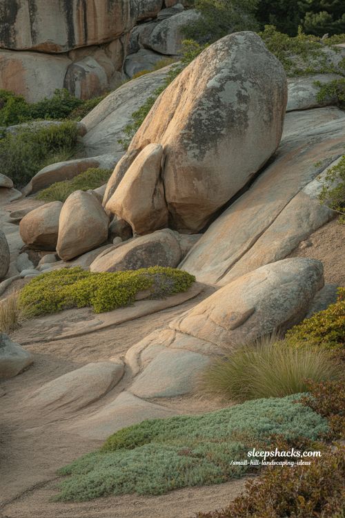 small hill landscaping ideas with large boulders for natural hillside anchoring and erosion control design