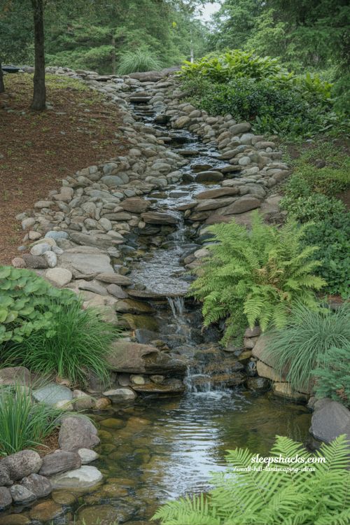 small hill landscaping ideas with natural hillside waterfall and river rock stream garden design
