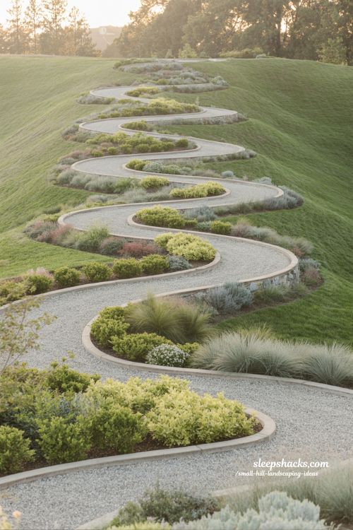 small hill landscaping ideas with switchback path design for gentle slope access and layered hillside garden flow