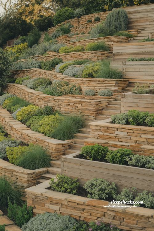 small hill landscaping ideas with terraced garden beds using stone and timber retaining walls for steep slope control