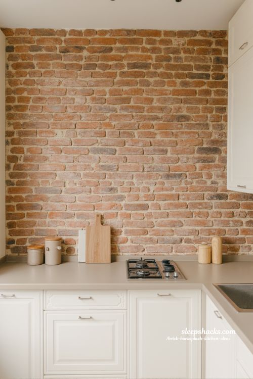 small kitchen brick accent wall ideas compact kitchen design with warm textured feature wall and modern minimal style
