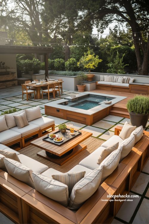 social backyard design with swim spa integrated into outdoor living room and dining area