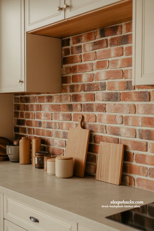soft lighting brick kitchen backsplash texture warm atmospheric kitchen design with natural shadow detail