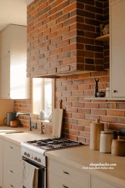 soft lighting brick kitchen backsplash texture warm atmospheric kitchen design with natural shadow detail