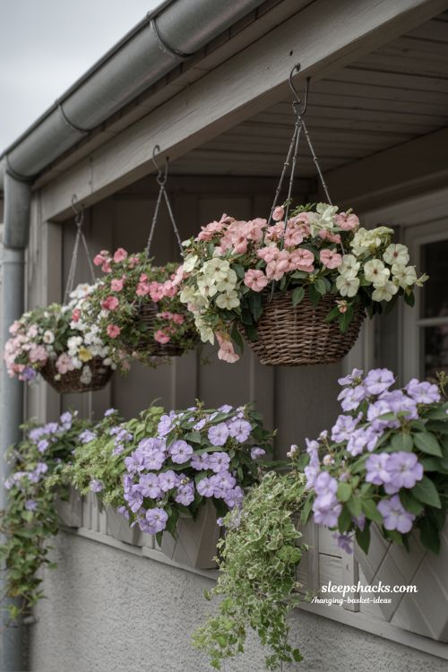 soft shade hanging basket ideas with impatiens for calm balcony garden in low light