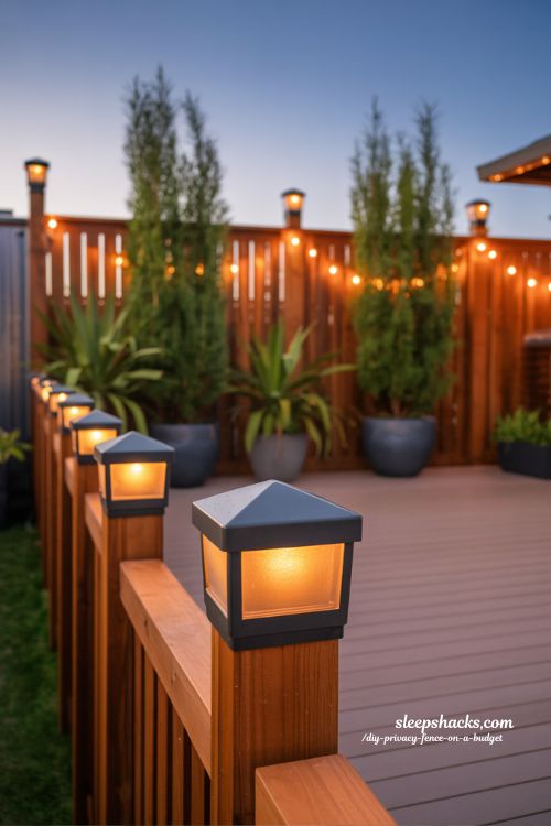 solar fence post lights backyard privacy lighting ideas warm evening glow fence design 