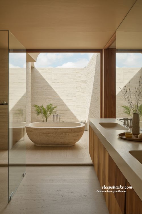 spa inspired natural modern luxury bathroom with wood stone materials soft daylight and calm biophilic design 
