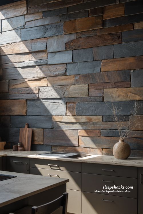stacked stone kitchen backsplash with strong texture and bold natural wall design