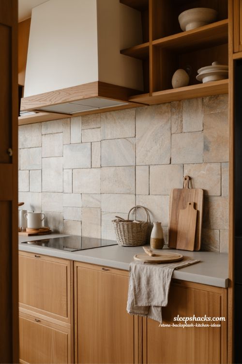 stone kitchen backsplash with wood combination for warm natural and cozy kitchen design