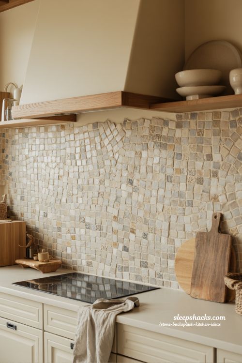 stone mosaic kitchen backsplash for detailed handcrafted texture and artistic warm design
