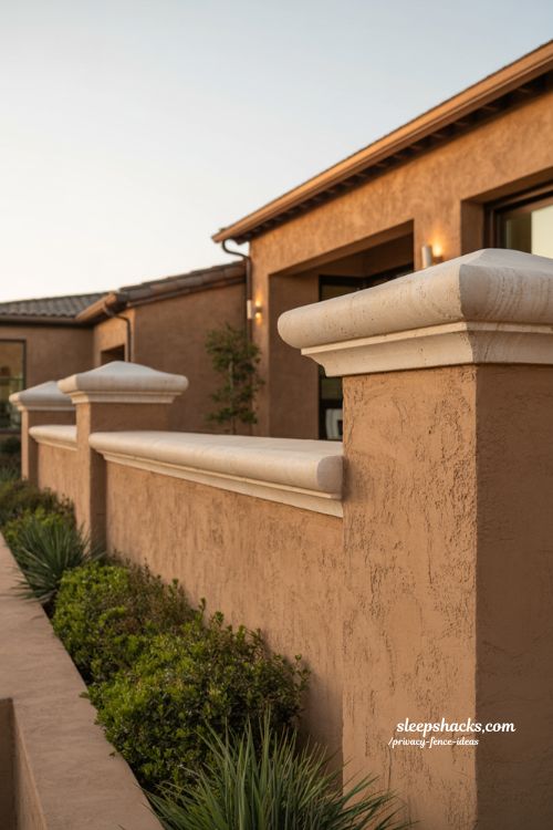 stucco and concrete block privacy wall fence ideas for a mediterranean style backyard with warm earthy tones