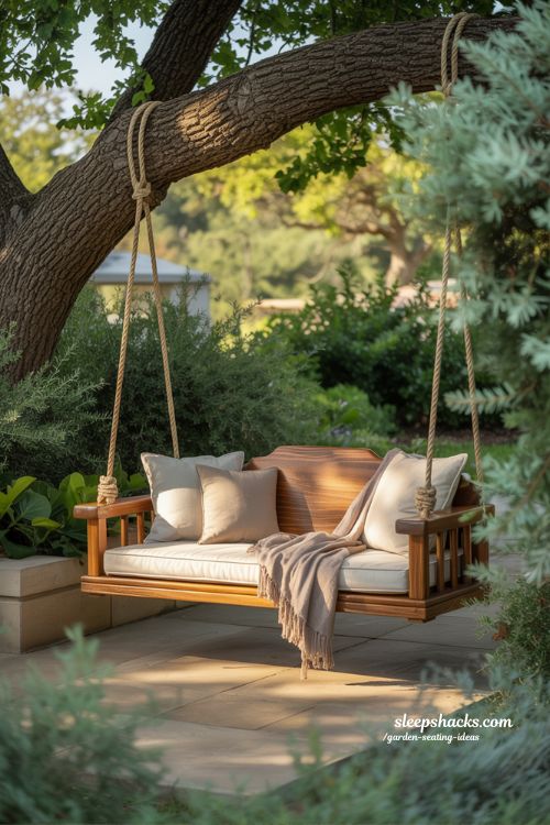 swing bench garden seating ideas with cozy cushions and relaxing outdoor hanging seating for calm evenings 