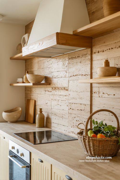 travertine stone kitchen backsplash for earthy warmth with mediterranean natural cozy design