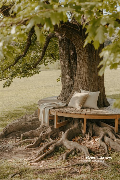 tree bench seating around tree natural garden ideas with curved wooden bench and shaded peaceful outdoor space 