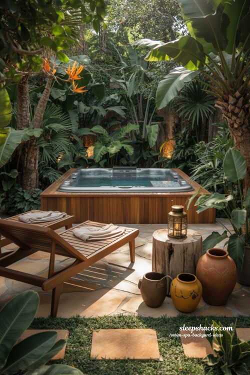 tropical backyard oasis design with swim spa and lush privacy plants and natural stone path