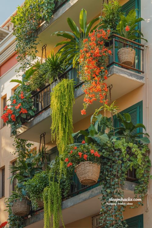 tropical hanging basket ideas with lush greenery and vibrant flowers for balcony jungle feel