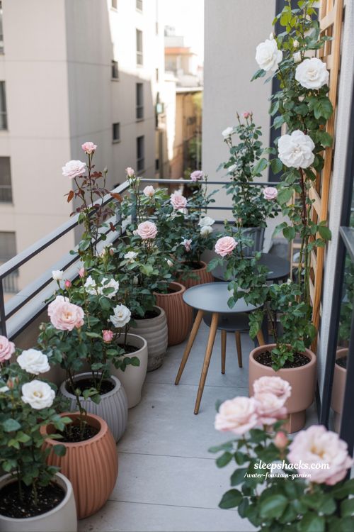 urban rose garden ideas for small balcony and city living with container roses and vertical planting design