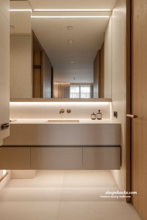 vanity design in modern luxury bathroom with floating cabinet stone countertop and minimalist spa inspired functional interior 